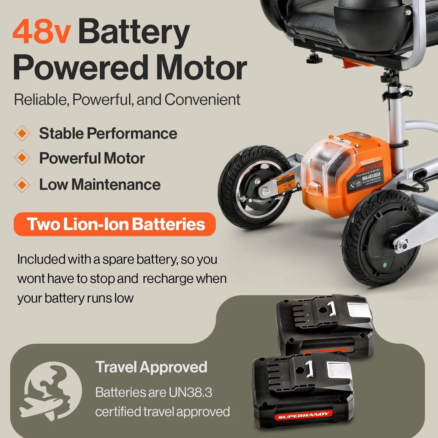SuperHandy Folding Mobility Scooter Plus - 48V 2Ah Battery System, Lightweight, Long Range + Extra Battery