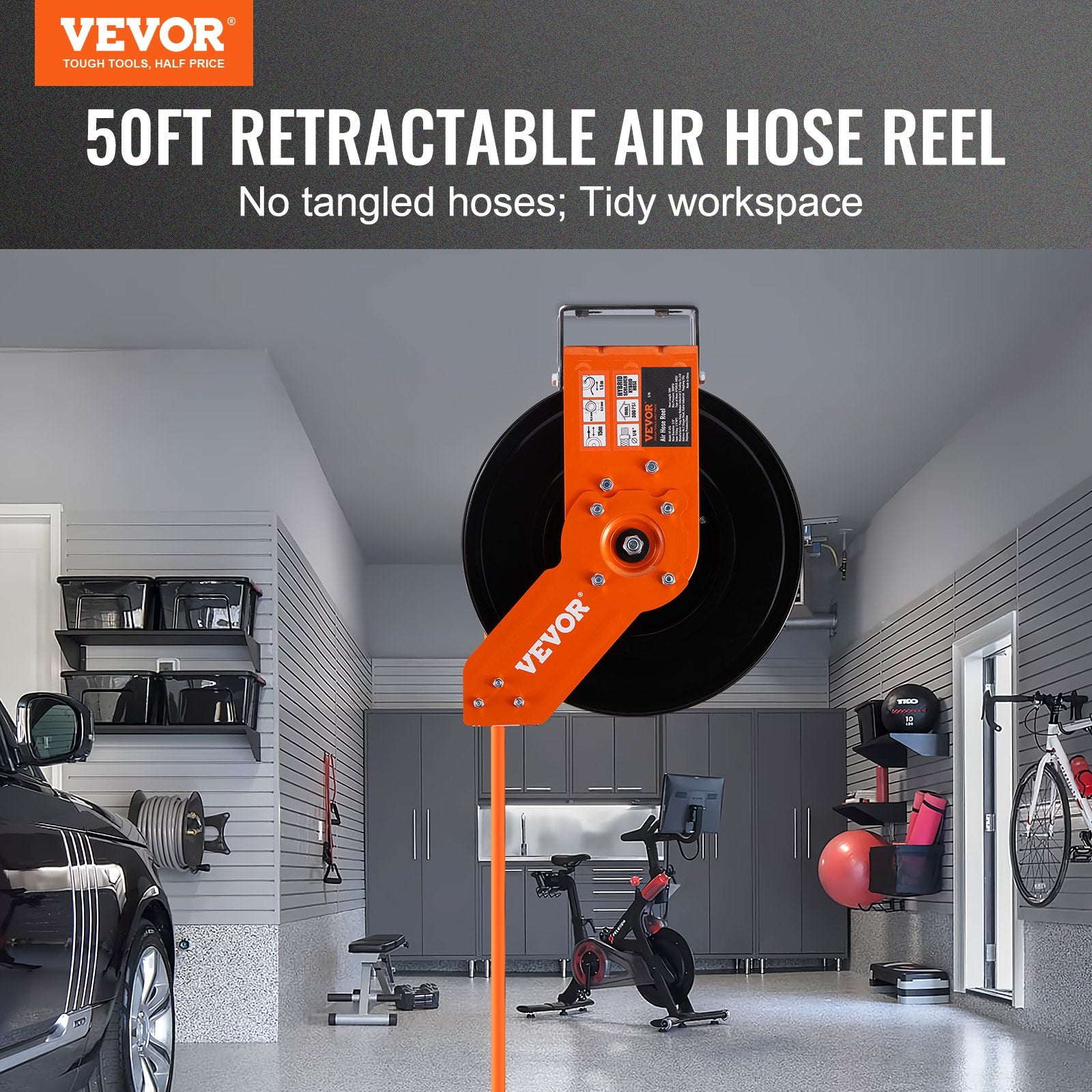 Vevor Retractable Air Hose Reel, 3/8in x 50 Ft Hybrid Air Hose Max 300PS, 5 ft lead in, Ceiling/Wall Mount Heavy Duty Double Arm Steel Reel