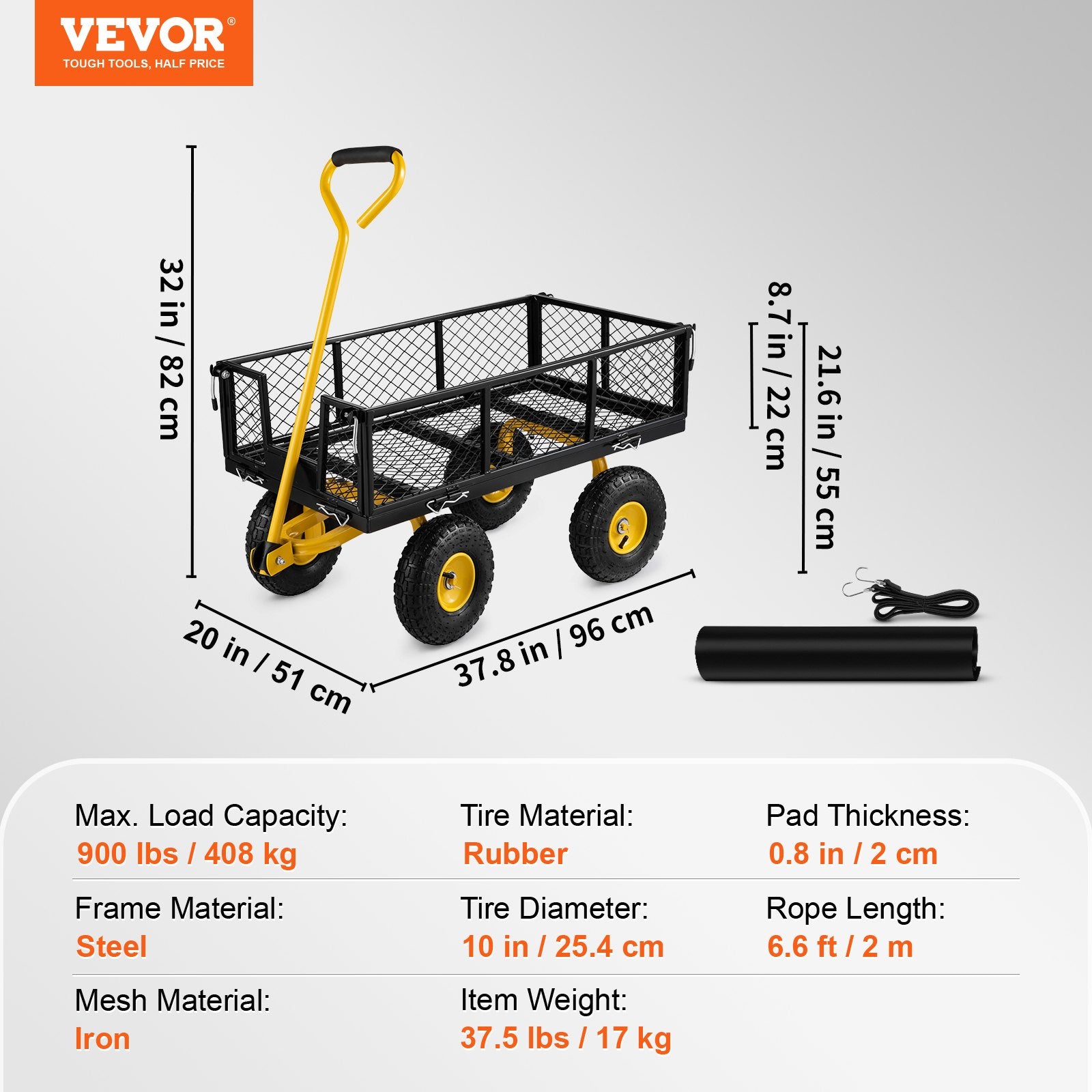 VEVOR Steel Garden Cart, Heavy Duty 900 lbs Capacity, with Removable Mesh Sides, Utility Metal Wagon with 180° Rotating Handle & 10 in Tires