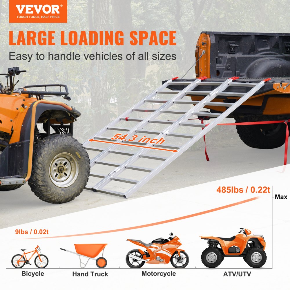 VEVOR Aluminum Ramps, 1500 lbs, Tri-Fold Ramp with Load Straps, Folding Loading Ramp for Motorcycle, Tractor, ATV/UTV, Trucks, 77"L x 54"W, 1 Pc